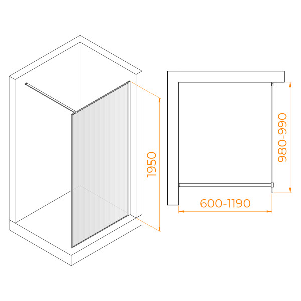 Душевое ограждение RGW Walk In 100x195 стекло Ribbed (ребристое), профиль белый (06100810-155)