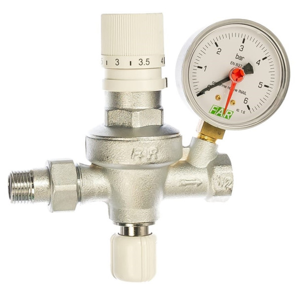 Клапан подпиточный с визуализацией настраиваемого давления на выходе FAR 1/2" (0-6 бар, с манометром) (FA 2106 12) Клапан подпиточный с визуализацией настраиваемого давления на выходе FAR 1/2" (0-6 бар, с манометром) (FA 2106 12)