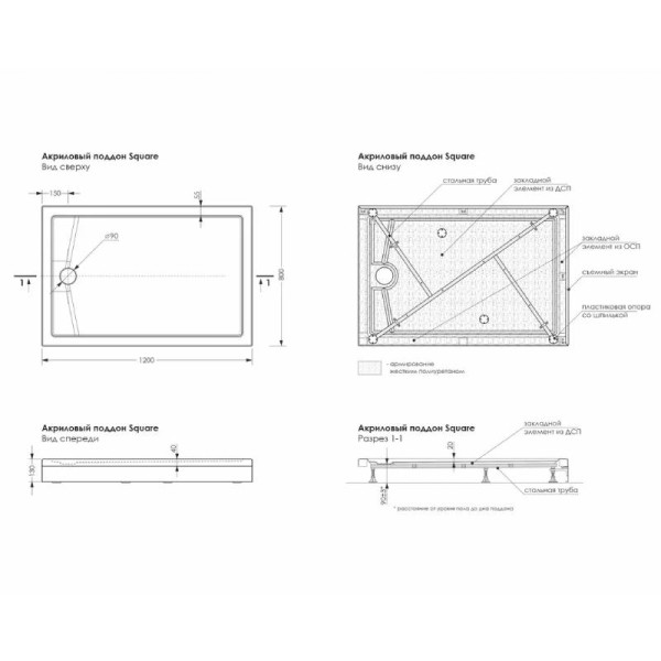 Душевой поддон Melodia Square 120х80х13 чёрный, слив 90 мм (MTYSQ12080Bk)