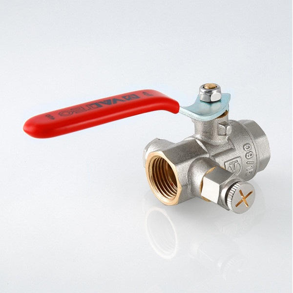 Кран 1/2" ВВ шаровый с дренажем и воздухоотводчиком Valtec (красная ручка) VT.245.N.04