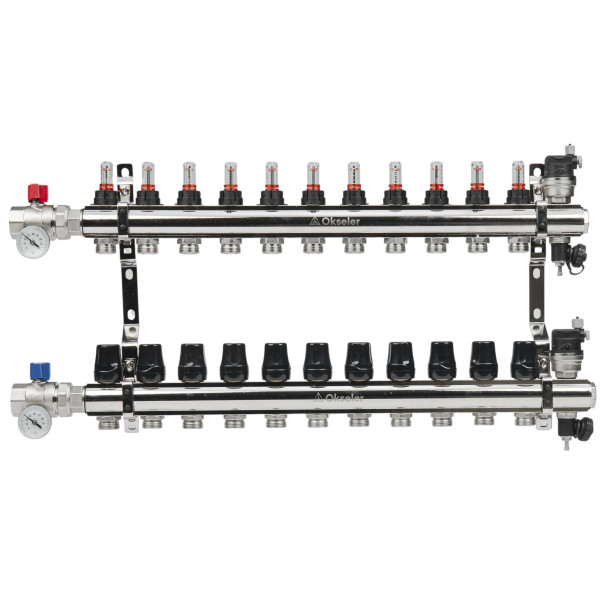 Коллекторная группа 11 отводов 1"*3/4"(18) ЕК с расходомерами Okseler (латунь) с автоматическими воздухоотводчикоми и шаровыми кранами с термометрами