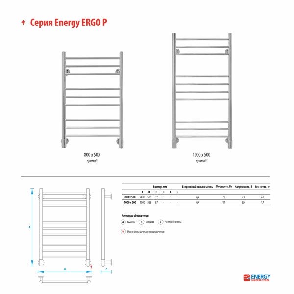 Полотенцесушитель электрический Energy Ergo P2 1000х500 белый матовый