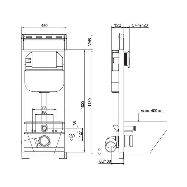 Инсталляция для унитаза Aquanika Basic (без клавиши смыва, два режима слива) (10.702.45B.00.00)