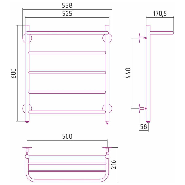 Полотенцесушитель электрический Стилье Формат 30 П 600x500 (Полка + 4) П16, хром (00530-6050)