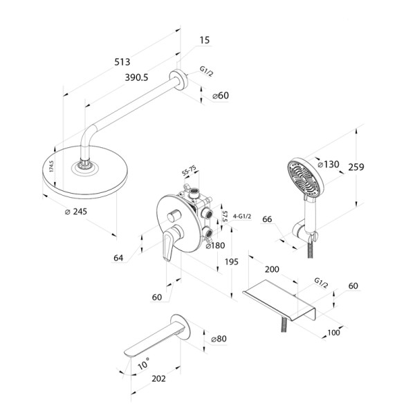 Душевая система скрытого монтажа Milardo Dale с тропическим душем ручным душем и изливом черный матовый (DALBL03M68)