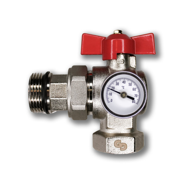 Кран угловой 1" шаровый со сгоном и термометром Geschaften для коллекторных групп серии 1185 (красная бабочка) (GS4013) Кран угловой 1" шаровый со сгоном и термометром Geschaften для коллекторных групп серии 1185 (красная бабочка) (GS4013)