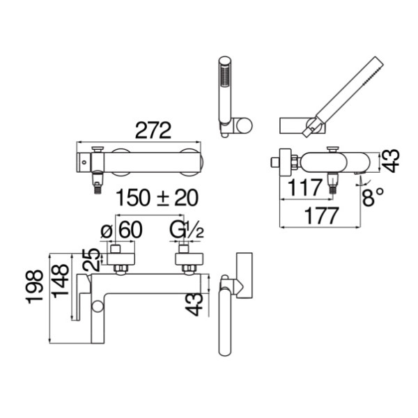 Смеситель для ванны и душа Nobili UP черный, с душевым набором (UP94110BM)