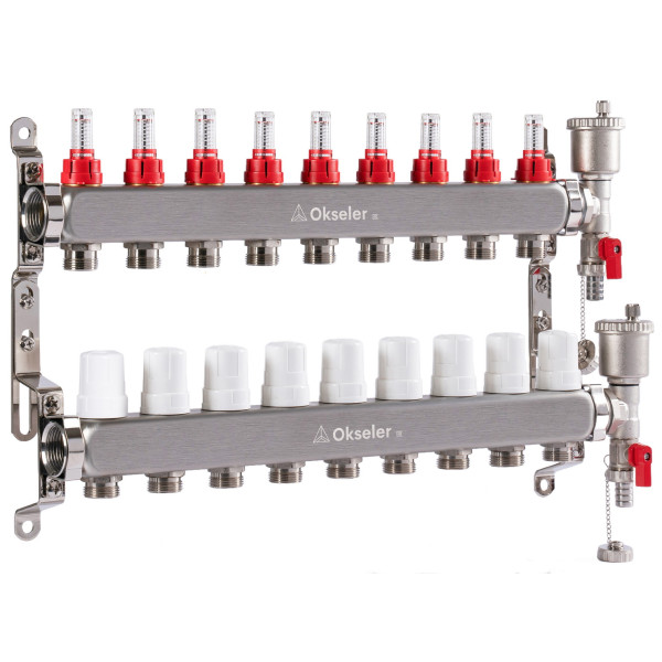 Коллекторная группа 9 отводов 1"*3/4"(18) ЕК с расходомерами Okseler (нерж.ст) с автоматическим воздухоотводчиком и спускным краном (Oks00347)