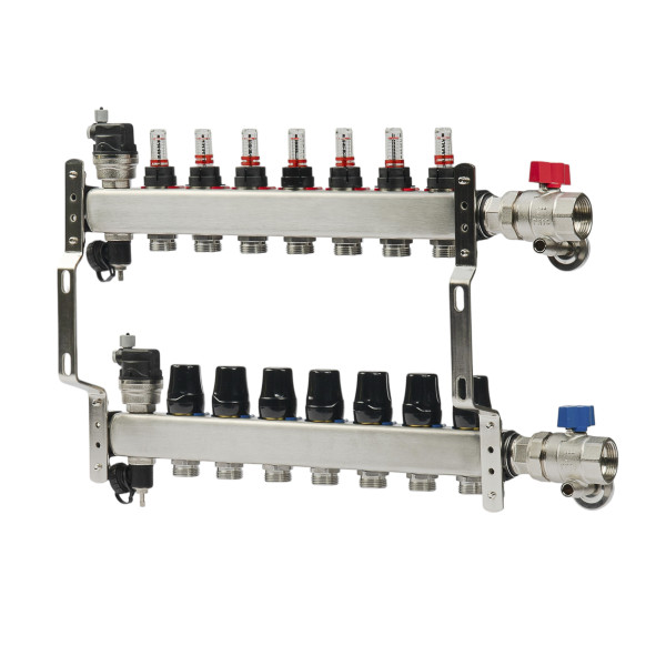 Коллекторная группа 7 отводов 1"*3/4"(18) ЕК с расходомерами Okseler (нерж.ст) с автоматическими воздухоотводчикоми и шаровыми кранами с термометрами