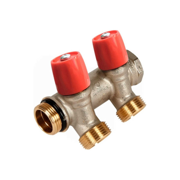 Коллектор VBS 2 отв. 3/4"х3/4" НР под евроконус, Henco красные ручки (VBS050502-RO)