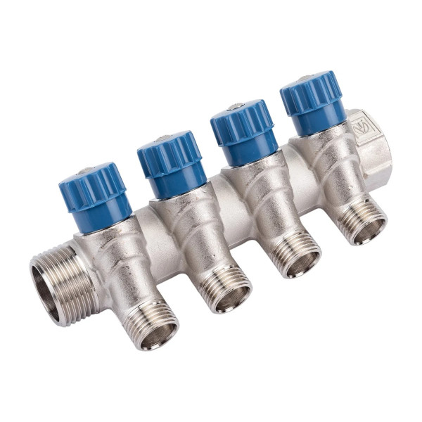 Коллектор 4 отв. регулируемый 1"*1/2"Н Valtec (никель, с комплектом ручек) (VTc.560.N.0604) Коллектор 4 отв. регулируемый 1"*1/2"Н Valtec (никель, с комплектом ручек) (VTc.560.N.0604)