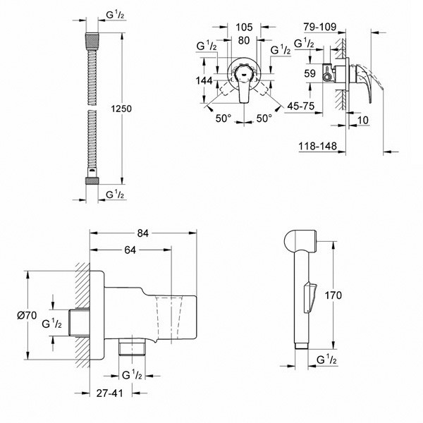 Смеситель для гигиенического душа Grohe Bau Curve (со скрытой частью) (123072)