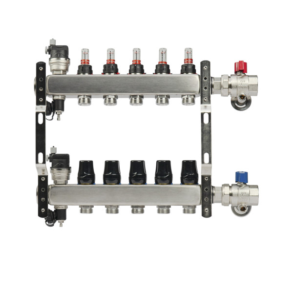 Коллекторная группа 5 отводов 1"*3/4"(18) ЕК с расходомерами Okseler (нерж.ст) с автоматическими воздухоотводчикоми и шаровыми кранами с термометрами