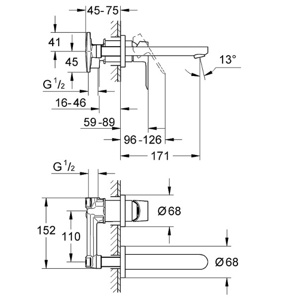 Смеситель для раковины Grohe BauEdge внешняя и внутренняя части хром (20474000)