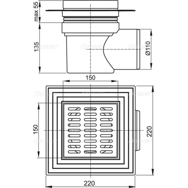Трап душевой горизонтальный AlcaPlast / AlcaDrain 150x150/110 мм с решеткой, матовая решетка ст.нерж., боковой слив D50, мокрый гидрозатвор (APV12)