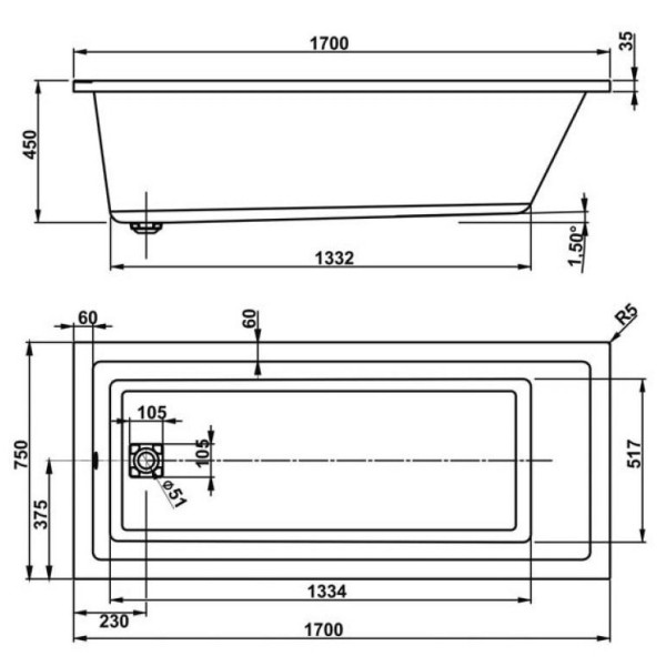 Ванна акриловая VagnerPlast Cavallo 170 170х75х45 (VPBA170CAV2X-04)