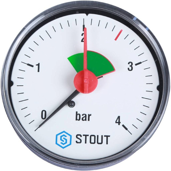 Манометр аксиальный 1/4" 63 мм с указателем предела (0...4 бар, кл.2.5) Stout (SIM-1007-630408)
