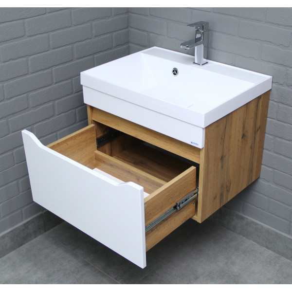 Тумба подвесная под умывальник Bazis 60 Ева с одним ящиком В1 Дуб Вотан Айсберг Домино (DA5906T)