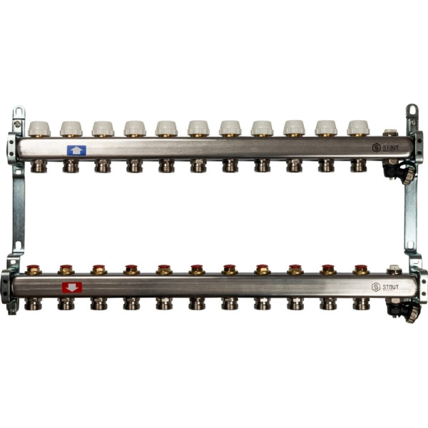 Коллекторная группа 11 отводов 1"x3/4"(18)EK без расходомеров, с клапаном вып. воздуха и сливом Stout (нерж.сталь) (SMS-0932-000011)