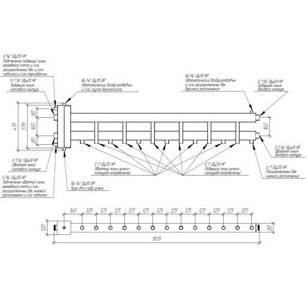 Коллектор балансировочный Gidruss BMSS-150-7D (нерж., до 150 кВт, подкл. котла G 1 1/2", 6 контуров G 1", боковой контур G 1 1/2", нерж ст.)
