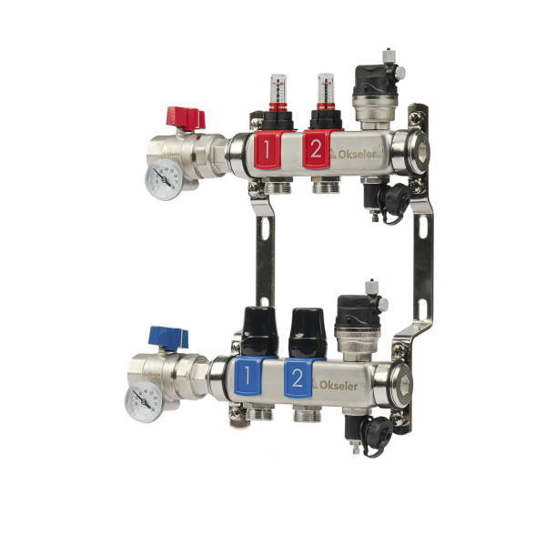 Коллекторная группа 2 отвода 1"*3/4"(18) ЕК с расходомерами Okseler (нерж.ст) с автоматическими воздухоотводчикоми и шаровыми кранами с термометрами (