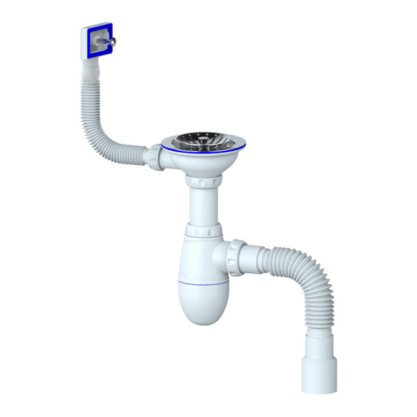 Сифон для мойки с выпуском 3 1/2"x40 с прямоугольным переливом и гибким отводом 40x40/50 Unicorn В425P