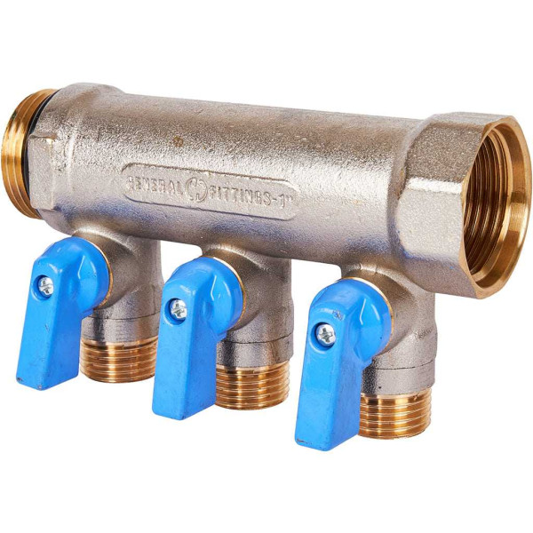 Коллектор 3 отвода с шаровыми клапанами 1"x1/2"(16) Stout (никель, синие ручки) (SMB-6211-011203) Коллектор 3 отвода с шаровыми клапанами 1"x1/2"(16) Stout (никель, синие ручки) (SMB-6211-011203)