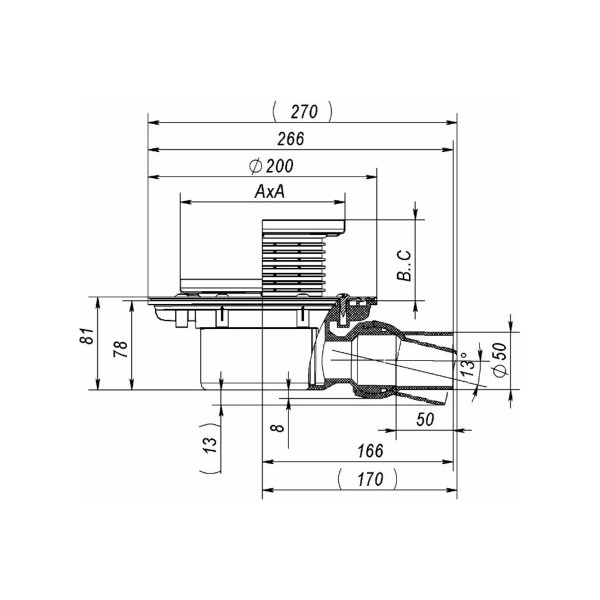 Трап регулируемый Fachmann T 520.1 SDsP 122x122 горизонтальный шарнирный выпуск DN50 с "сухим" гидрозатвором, решетка нерж. сталь, пластиковый подрамн