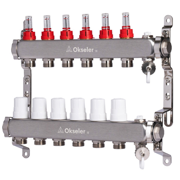 Коллекторная группа 6 отводов 1"*3/4"(18) ЕК с расходомерами Okseler (нерж.ст) с дренажным краном и краном Маевского (Oks00316)