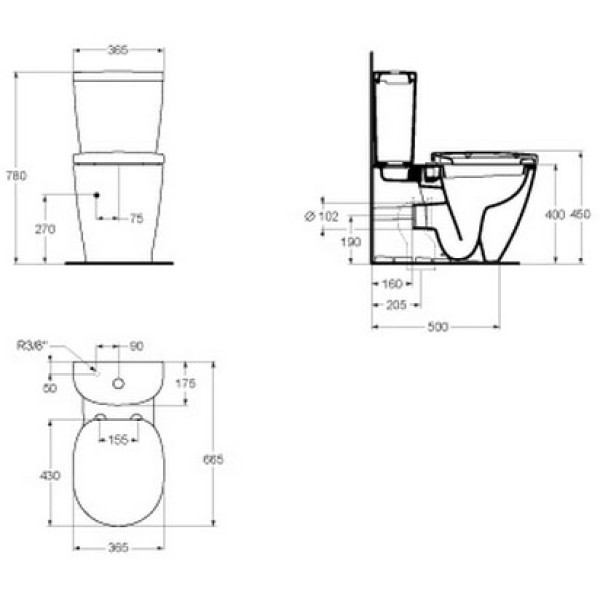 Унитаз напольный Ideal Standard Connect 400x665x365 без бачка и сиденья (E803701)
