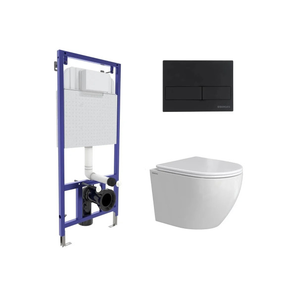 Комплект инсталляция с унитазом Berges Novum кнопка L5 Soft Touch черная, унитаз Okus Rimless 49 см, сиденье с soft-close (043387)