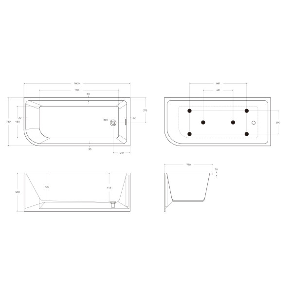 Ванна акриловая BelBagno160x73 правосторонняя белая (BB712-1600-730-R)