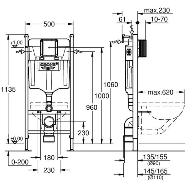 Инсталляция для подвесного GROHE Solido с белой накладной панелью смыва Even (38971000T+38966SH0T)