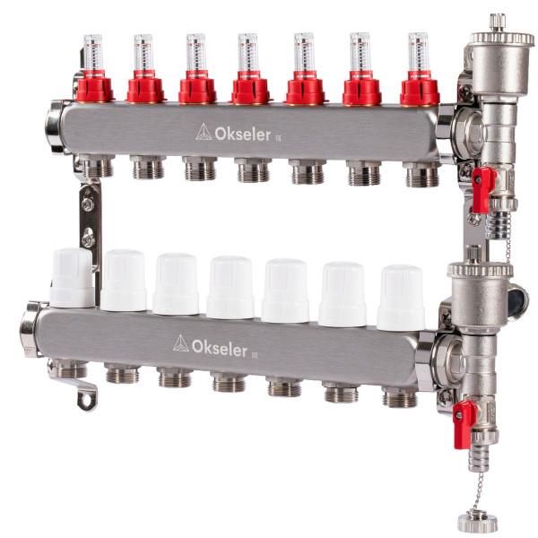 Коллекторная группа 7 отводов 1"*3/4"(18) ЕК с расходомерами Okseler (нерж.ст) с автоматическим воздухоотводчиком и спускным краном (Oks00345)