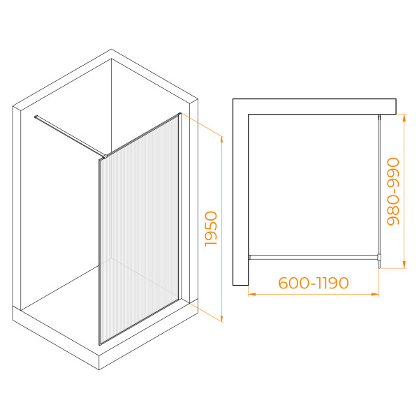 Душевое ограждение RGW Walk In 100x195 стекло Ribbed (ребристое), профиль золото BRUSH (06100810-156)