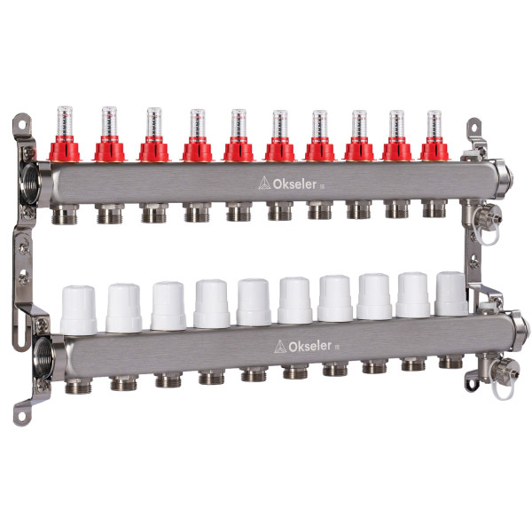 Коллекторная группа 10 отводов 1"*3/4"(18) ЕК с расходомерами Okseler (нерж.ст) с дренажным краном и краном Маевского (Oks00320)
