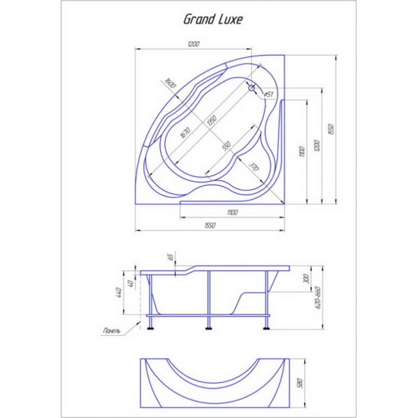 Ванна акриловая Aima Grand Luxe 155x155 каркас, экран, без гидромассажа