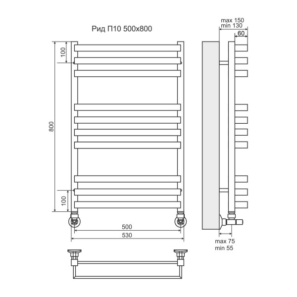 Полотенцесушитель водяной Terminus Рид Lux П10 500x800 3-4-3 xром