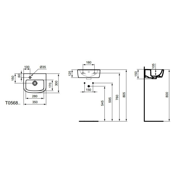 Раковина подвесная Ideal Standard Tempo L 350х300х125 (T056801)