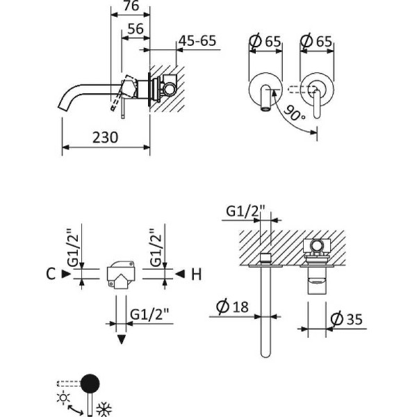 Смеситель для раковины встраиваемый Cezares Leaf хром (LEAF-BLI2-L-01-W0)