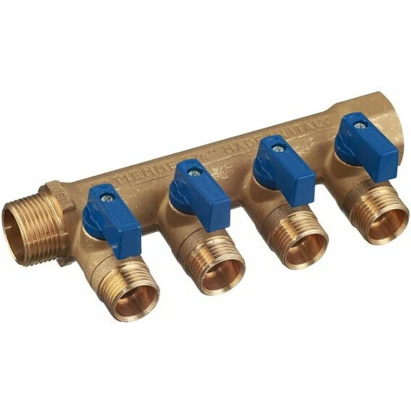 Коллектор с шаровыми кранами Tiemme 4 отвода 3/4x1/2"(16) (латунь) синие ручки (1820039)