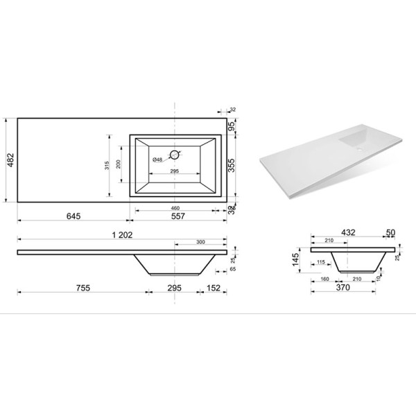 Раковина накладная Melodia Даллас -1200 120x14,5 (чаша справа) (MFR79595WT)