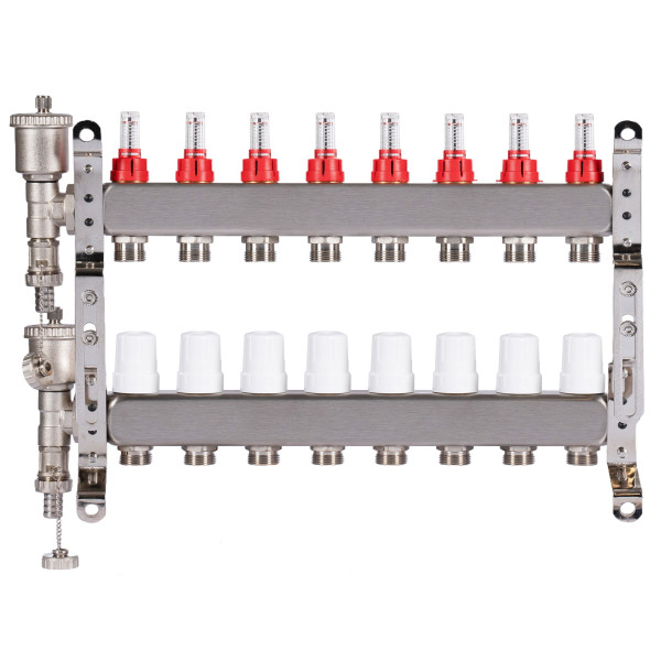 Коллекторная группа 8 отводов 1"*3/4"(18) ЕК с расходомерами Okseler (нерж.ст) с автоматическим воздухоотводчиком и спускным краном (Oks00346)