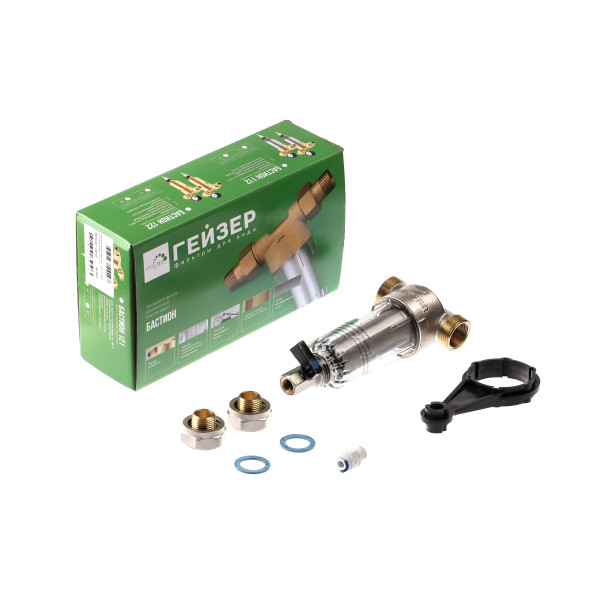 Фильтр самоочищающийся Гейзер-Бастион 111 1/2" (прозрачный корпус, со сгонами) (32666)