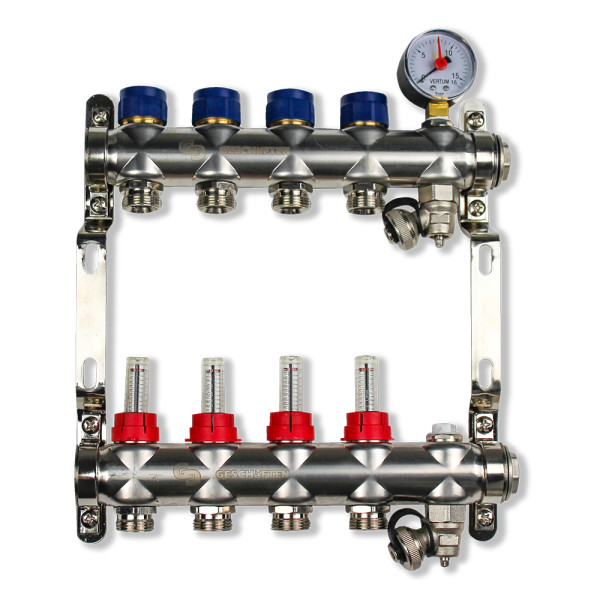 Коллекторная группа 4 отвода 1"*3/4"(евроконус) Geschaften с расходомерами (нерж.сталь) (GS1185-4)