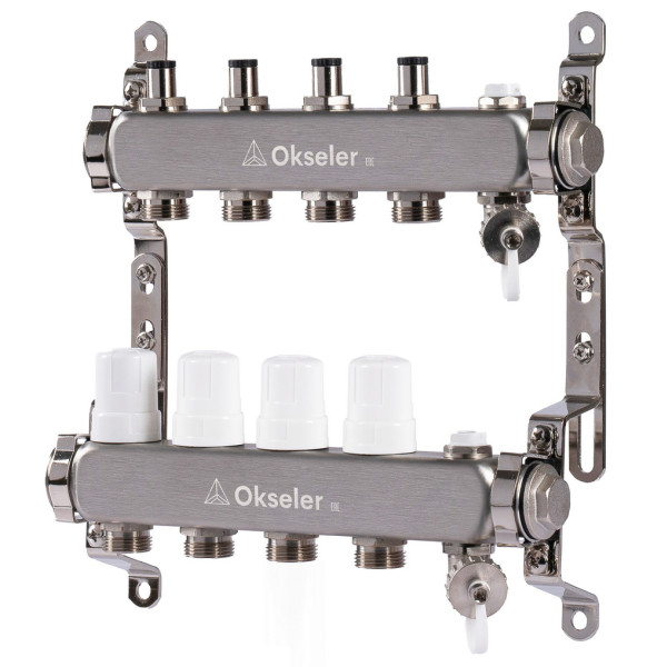 Коллекторная группа 4 отвода 1"*3/4"(18) ЕК с регулировочными клапанами Okseler (нерж.ст) с дренажным краном и краном Маевского (Oks00303)