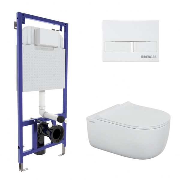Комплект инсталляция с унитазом Berges: инсталляция Novum525, кнопка L1 белая, унитаз Ego XL Rimless, сиденье с soft-close (043323) Комплект инсталляция с унитазом Berges: инсталляция Novum525, кнопка L1 белая, унитаз Ego XL Rimless, сиденье с soft-close (043323)
