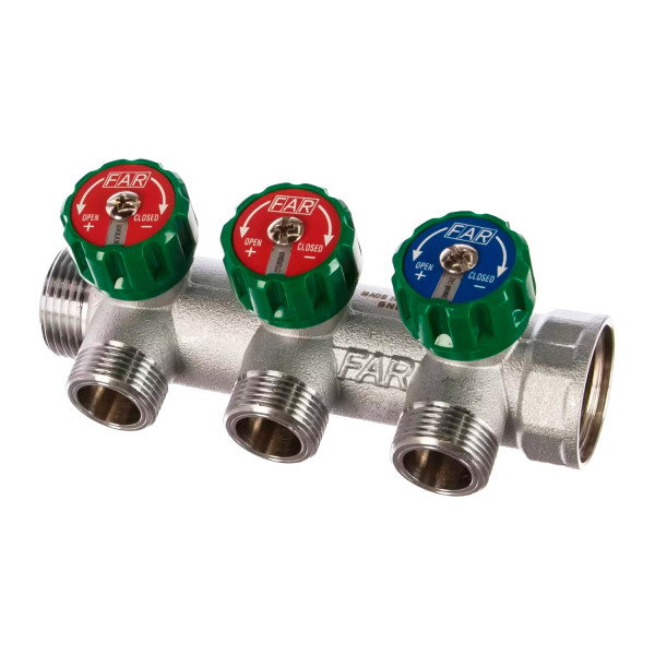 Коллектор проходной регулируемый FAR Multifar (3822 112TP) 1" НР-ВР, 3 отвода 1/2" плоское уплотнение