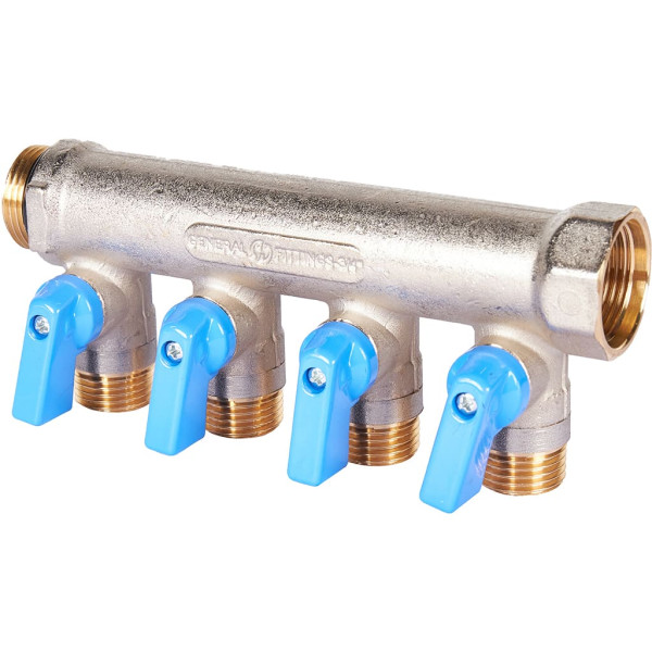 Коллектор 4 отвода с шаровыми клапанами 3/4"x1/2"(16) Stout (никель, синие ручки) (SMB-6211-341204) Коллектор 4 отвода с шаровыми клапанами 3/4"x1/2"(16) Stout (никель, синие ручки) (SMB-6211-341204)
