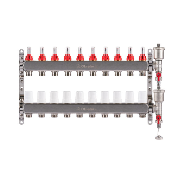 Коллекторная группа 10 отводов 1"*3/4"(18) ЕК с расходомерами Okseler (нерж.ст) с автоматическим воздухоотводчиком и спускным краном (Oks00348) Коллекторная группа 10 отводов 1"*3/4"(18) ЕК с расходомерами Okseler (нерж.ст) с автоматическим воздухоотводчиком и спускным краном (Oks00348)
